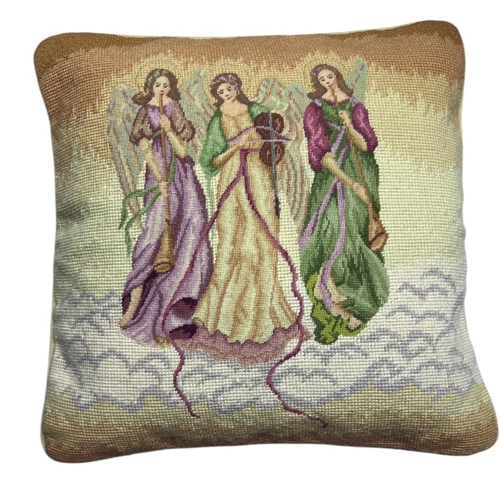 Vintage Needlepoint Angel Trio‎ Pillow Handmade Wool Tapestry 16"